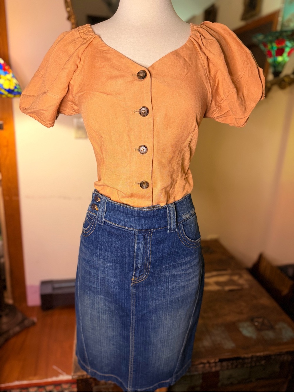 Button Front Puff Sleeve Crop Top in Rust with Seven7 Vintage Denim Skirt